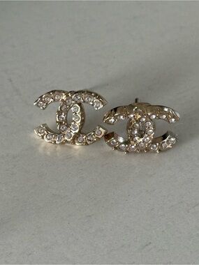 CHANEL Gold CC Crystal Logo Stud Earrings